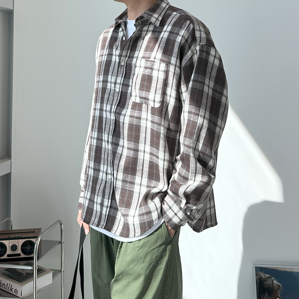 남자 셔츠 구김없는 오버핏 타탄체크 가을 겨울 남방 남자 셔츠 - 상세 이미지 2