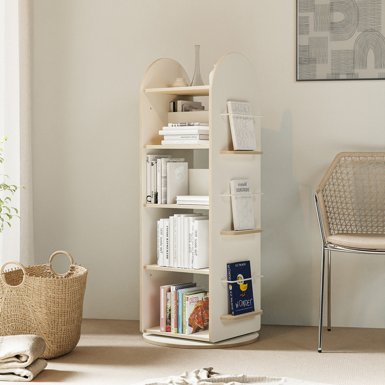 전면 회전책장 아기 교구장 어린이 유아 책장 570x570x1460, 5단, 크림화이트