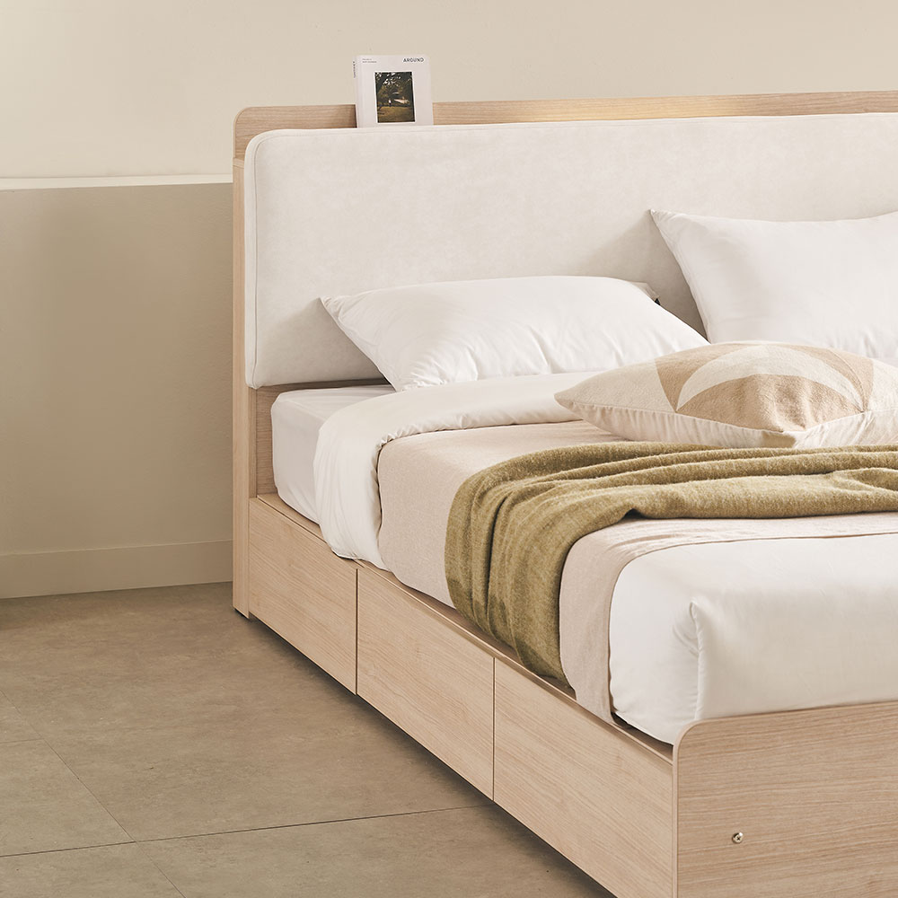 장인가구 가든 패브릭 쿠션헤드 LED 서랍형 수납침대 프레임 Q