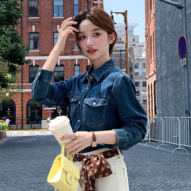 여성 레트로 슬림핏 데님셔츠 봄 가을 레이어드용 긴팔 상의 홍콩 스타일 캐주얼 착용감 좋은 데일리 코디 아이템 청남방 - 상세 이미지 5