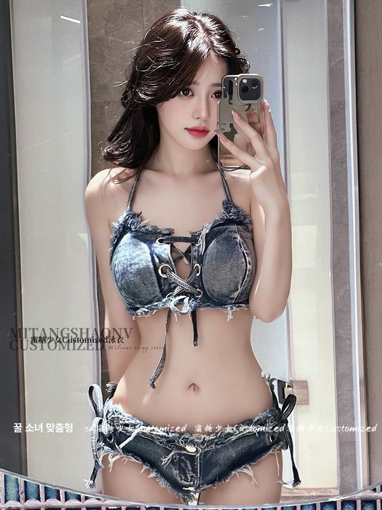 심플 수영복 마이크로비키니 튜브 호캉스 브라질 비치웨어 여성용 휴양지 삼각 목욕 풀빌라 스트랩 데님 S - 상세 이미지 3