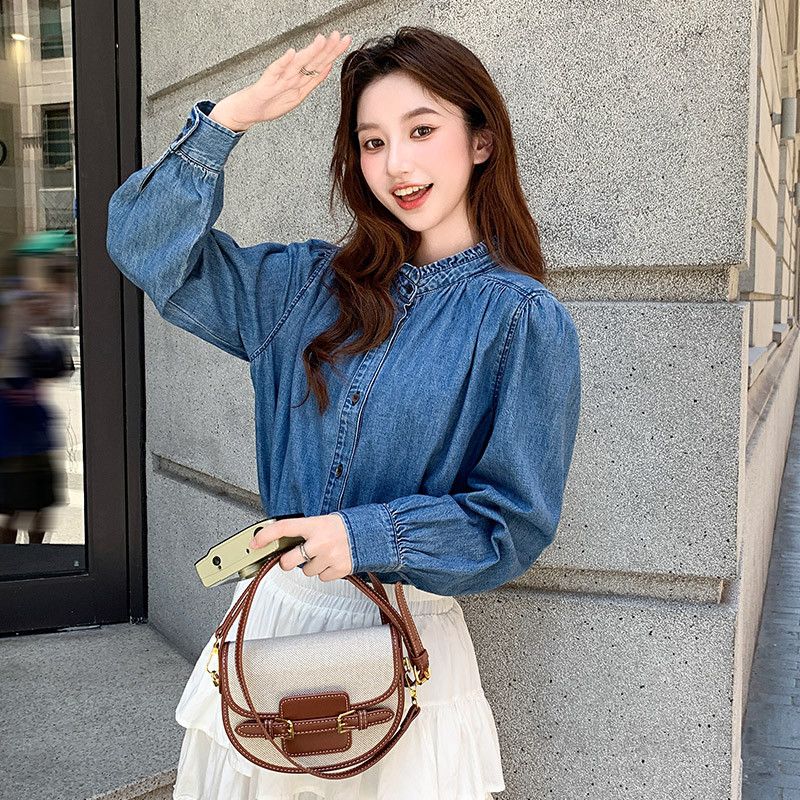 가을 여성 루즈핏 캐주얼 청남방 프랑스 복고풍 블루 데님셔츠 레이스 칼라 스타일 코튼 소재 다용도 탑 - 상품 이미지