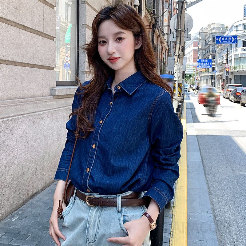 여성용 루즈핏 데님 셔츠 봄가을 캐주얼 스타일 레이어드 탑 레트로 홍콩 감성 긴팔 블라우스 청남방 - 상세 이미지 2
