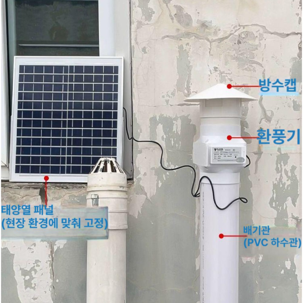 태양광 PVC 덕트 화장실 옥상 통풍기 2인치 50 팬 풍량88 12V - 상품 이미지
