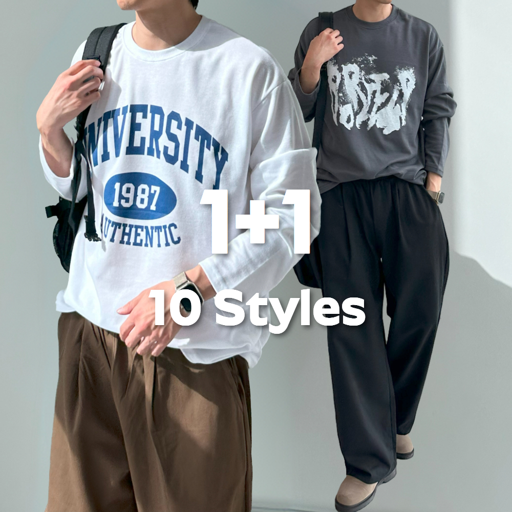 1+1 남자 긴팔티 오버핏 스트릿 커플 나염 티셔츠 - 상품 이미지
