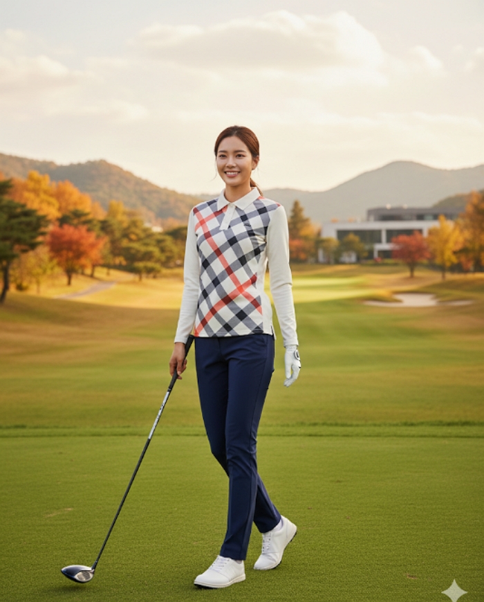 닥스 골프웨어 여성 가을 체크패턴 클래식한 필드룩 골프 카라 티셔츠 - 상세 이미지 4