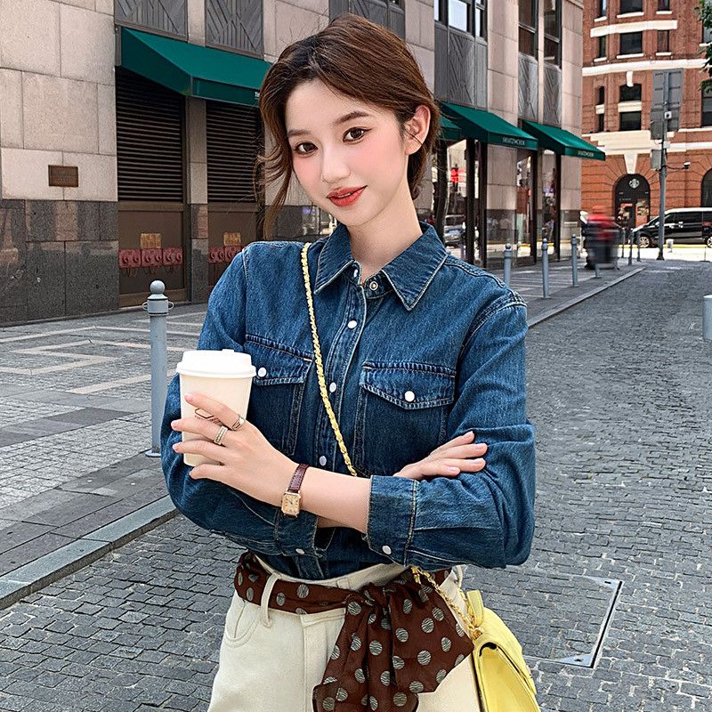 여성 레트로 슬림핏 데님셔츠 봄 가을 레이어드용 긴팔 상의 홍콩 스타일 캐주얼 착용감 좋은 데일리 코디 아이템 청남방 - 상세 이미지 4