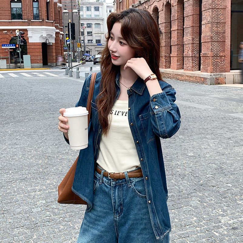 여성 루즈핏 데님셔츠 청남방 봄 가을 레이어드용 홍콩 스타일 레트로 긴팔 캐주얼 탑으로 멋스러운 데일리룩 연출 가능 - 상세 이미지 5
