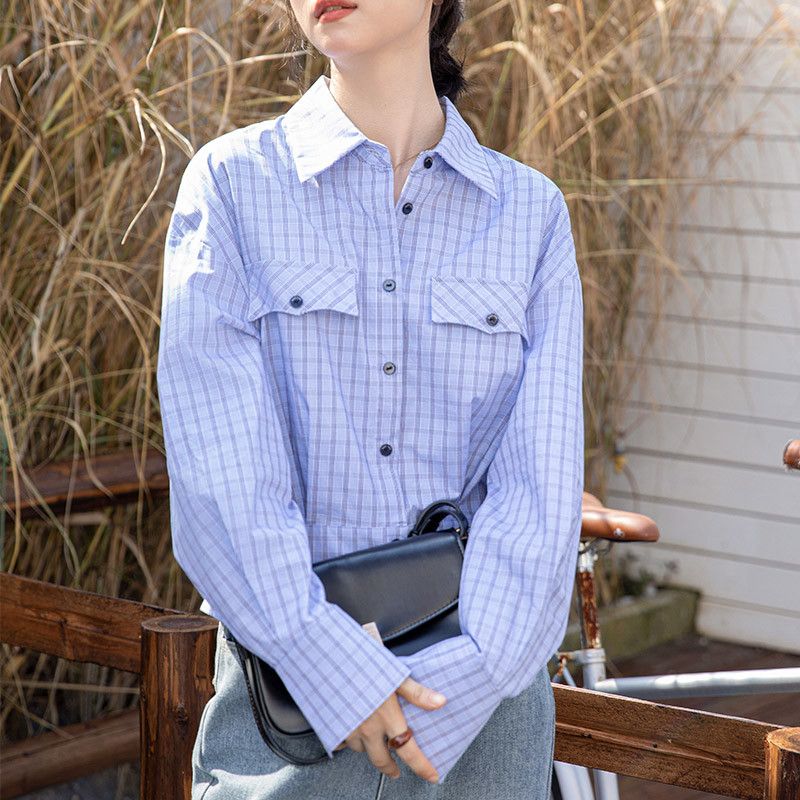 여성용 코튼 플레드 체크 셔츠 가을 캐주얼 스타일 라펠 디자인 구김없는 편안한 착용감 데일리 오버핏 크롭 - 상세 이미지 4