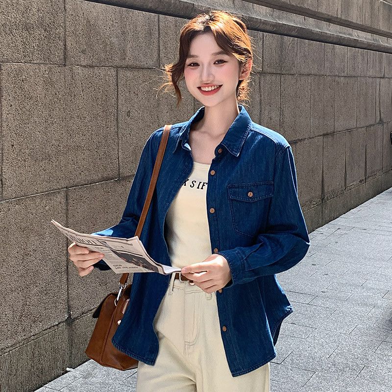 여성용 루즈핏 데님 긴팔셔츠 캐주얼 가을 스타일 레이어드 코튼 청남방 편안한 착용감 데일리로 좋은 유니크한 디자인 - 상세 이미지 5