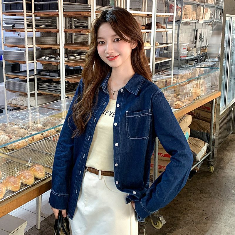여성용 루즈핏 데님 셔츠 홍콩 스타일 봄 가을 레이어드용 캐주얼 긴팔 탑 스타일리시한 레트로 룩 연출 가능한 청남방 - 상품 이미지