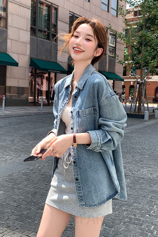 여성 데님셔츠 청남방 오버핏 레이어드 스타일 봄가을용 캐주얼 루즈핏 재킷 니치 레트로 홍콩 감성의 트렌디한 롱슬리브 아우터 이미지 6