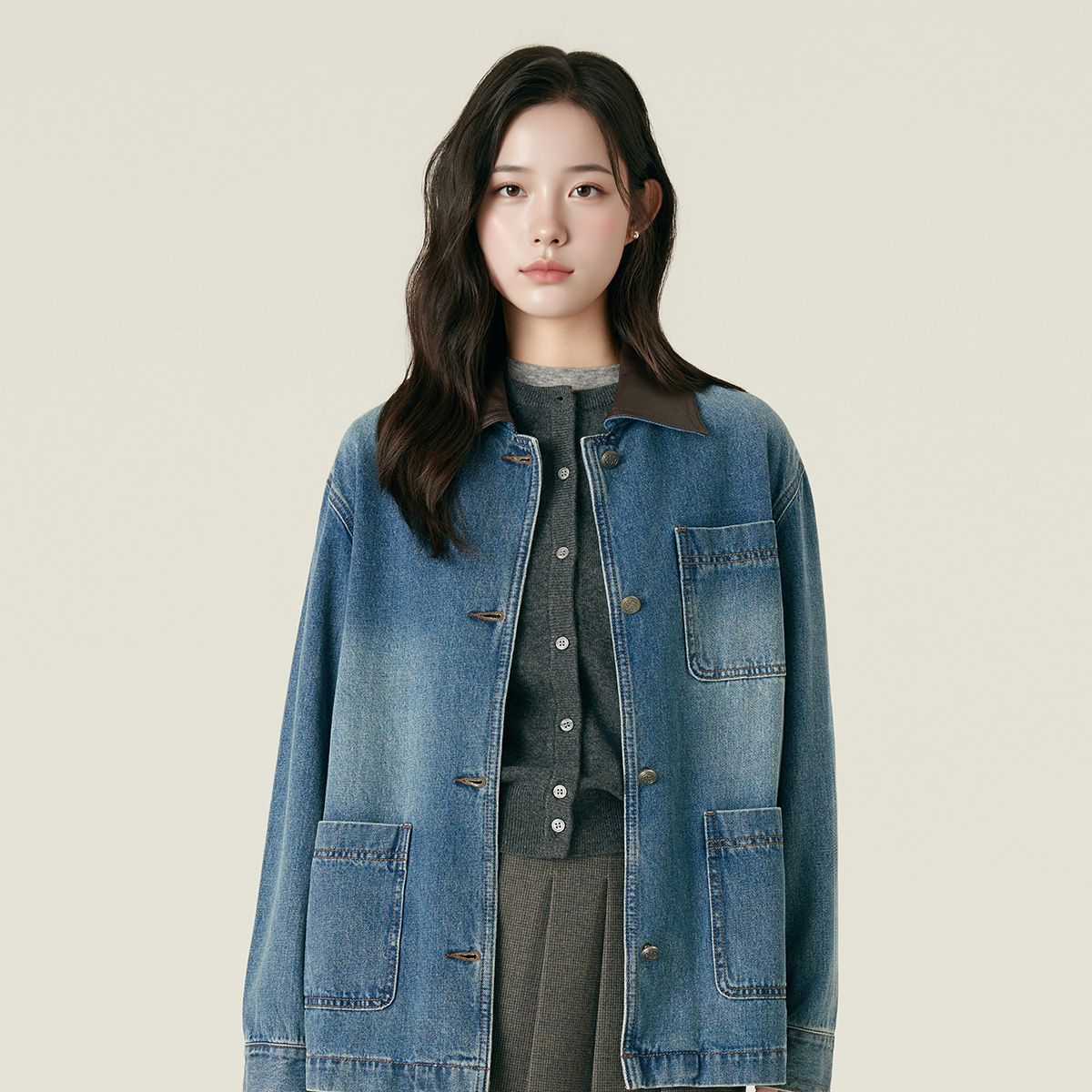 로엠 카라 배색 데님 미디 자켓 RMJKF4TG12 - 상품 이미지