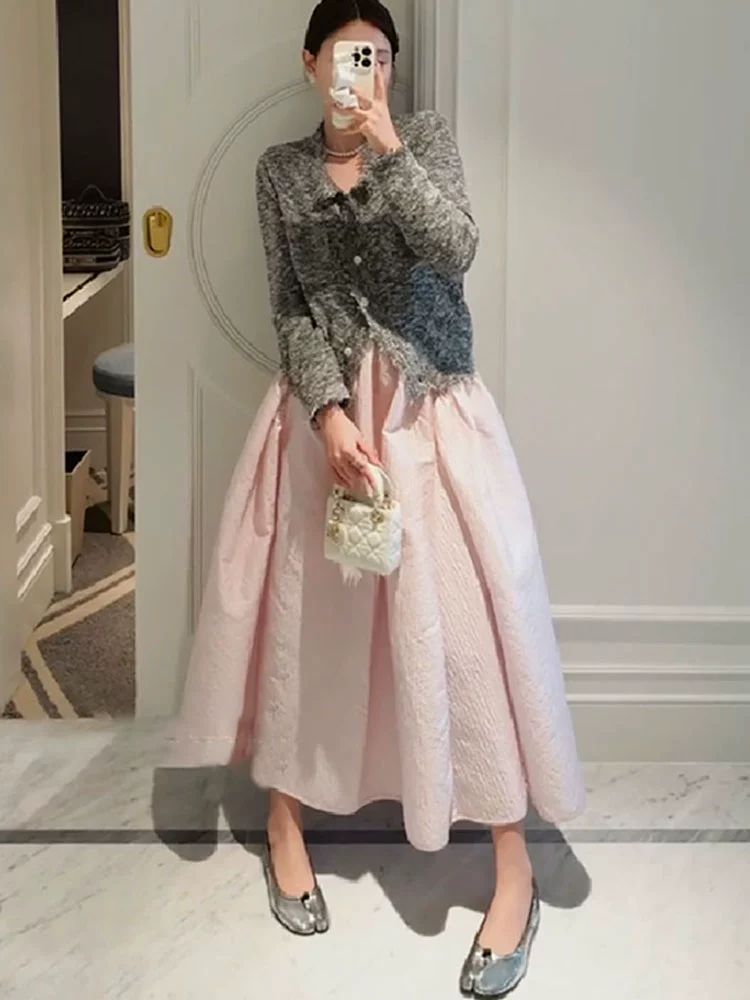 프렌치 벌룬롱스커트 핑크플라워 바캉스룩 스트랩 프릴 햅번 퍼프 플라워 볼륨 스웨터 롱스커트 핑크 스커트 S 80-95 - 상품 이미지