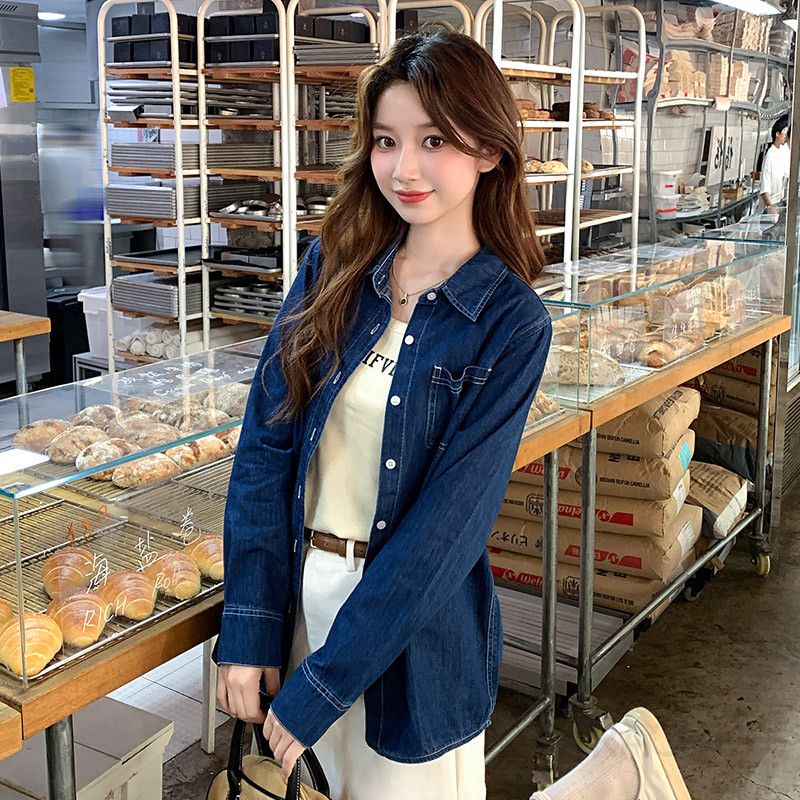 여성용 루즈핏 데님 셔츠 홍콩 스타일 봄 가을 레이어드용 캐주얼 긴팔 탑 스타일리시한 레트로 룩 연출 가능한 청남방 - 상세 이미지 3