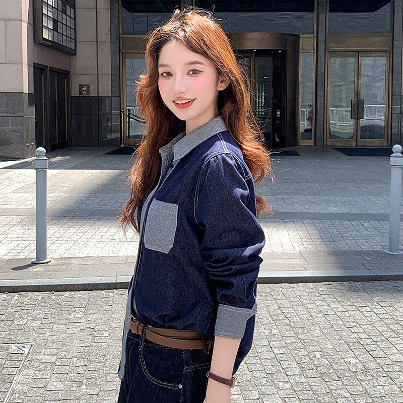 여성용 루즈핏 데님 셔츠 홍콩 스타일 레트로 감성 긴팔 캐주얼 탑 봄 가을 레이어드에 딱 좋은 스타일리시한 청남방 - 상세 이미지 4