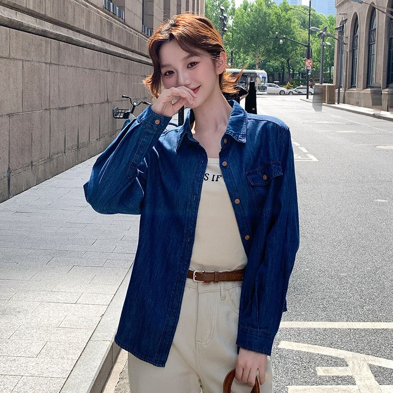 여성용 루즈핏 데님 긴팔셔츠 캐주얼 가을 스타일 레이어드 코튼 청남방 편안한 착용감 데일리로 좋은 유니크한 디자인 - 상세 이미지 3