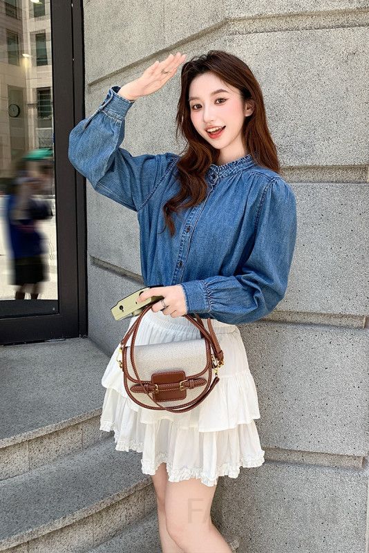 가을 여성 루즈핏 캐주얼 청남방 프랑스 복고풍 블루 데님셔츠 레이스 칼라 스타일 코튼 소재 다용도 탑 - 상세 이미지 5