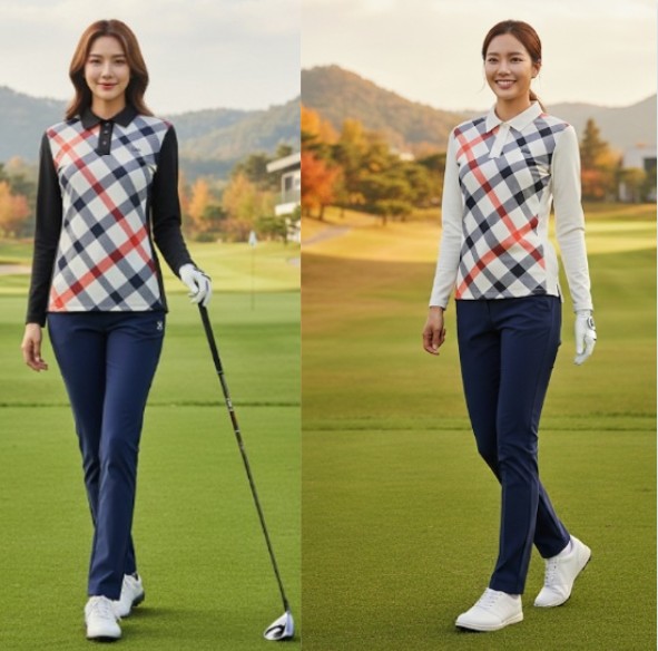 닥스 골프웨어 여성 가을 체크패턴 클래식한 필드룩 골프 카라 티셔츠 - 상품 이미지