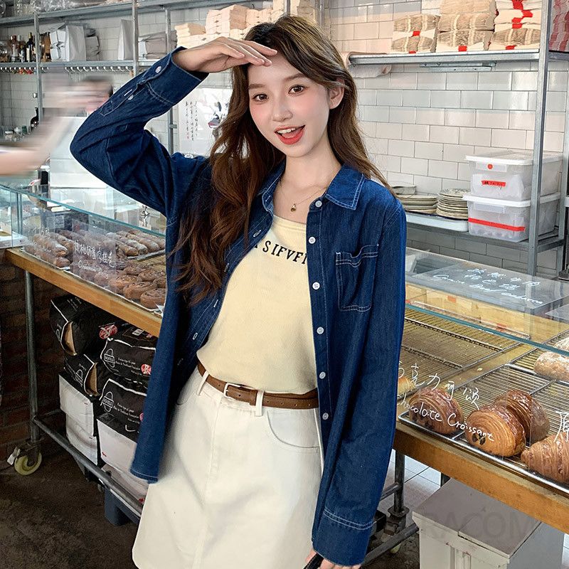 여성용 루즈핏 데님 셔츠 홍콩 스타일 봄 가을 레이어드용 캐주얼 긴팔 탑 스타일리시한 레트로 룩 연출 가능한 청남방 - 상세 이미지 2