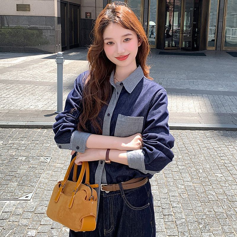 여성용 루즈핏 데님 셔츠 홍콩 스타일 레트로 감성 긴팔 캐주얼 탑 봄 가을 레이어드에 딱 좋은 스타일리시한 청남방 - 상품 이미지