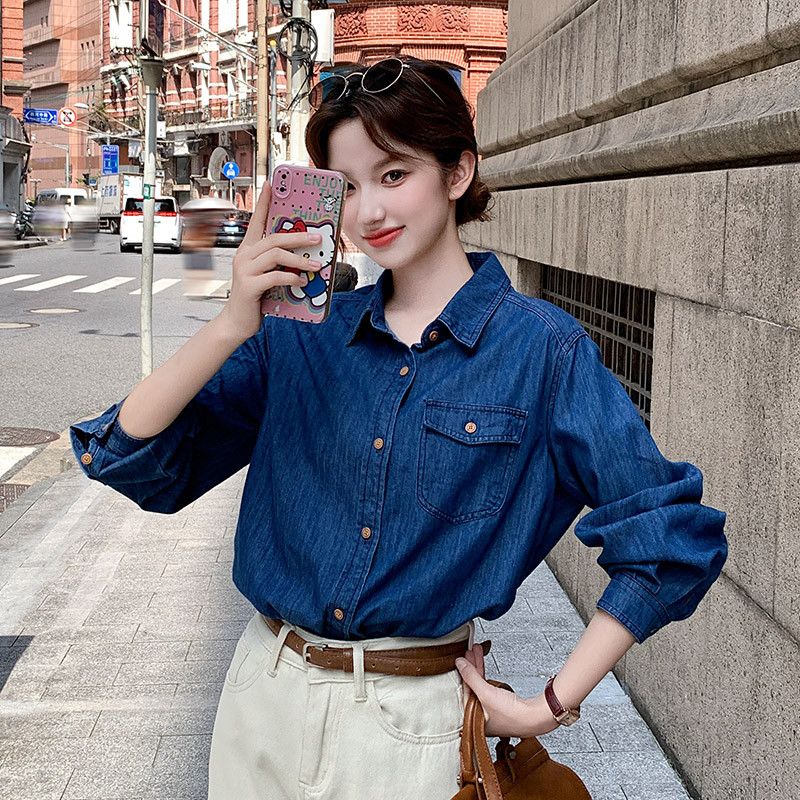 여성용 루즈핏 데님 긴팔셔츠 캐주얼 가을 스타일 레이어드 코튼 청남방 편안한 착용감 데일리로 좋은 유니크한 디자인 - 상품 이미지