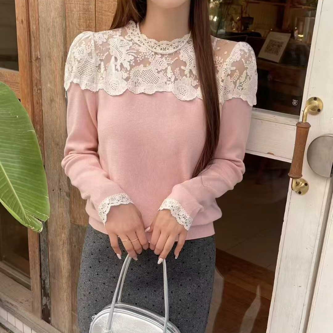 플라워자수 숄더시스루 긴팔숏니트티 페미닌 레이스 망사 니트블라우스 페미닌 럭셔리룩 - 상세 이미지 4