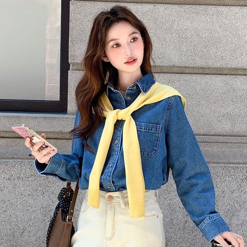 여성용 루즈핏 블루 데님 셔츠 봄 가을 레이어드 캐주얼 스타일 긴팔 청남방 홍콩 레트로 무드로 편안하게 입는 데일리 아이템 - 상품 이미지