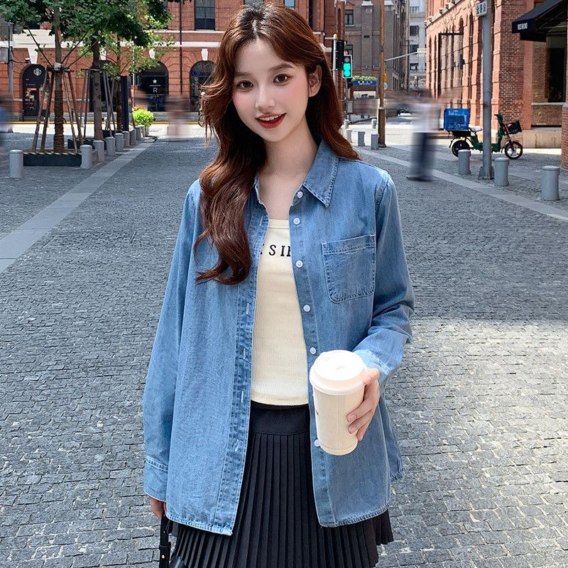 여성용 루즈핏 데님셔츠 봄 가을 청남방 레이어드 스타일 캐주얼 긴팔 탑 홍콩풍 레트로 디자인으로 편안한 착용감과 세련된 외출용으로 적합 - 상품 이미지