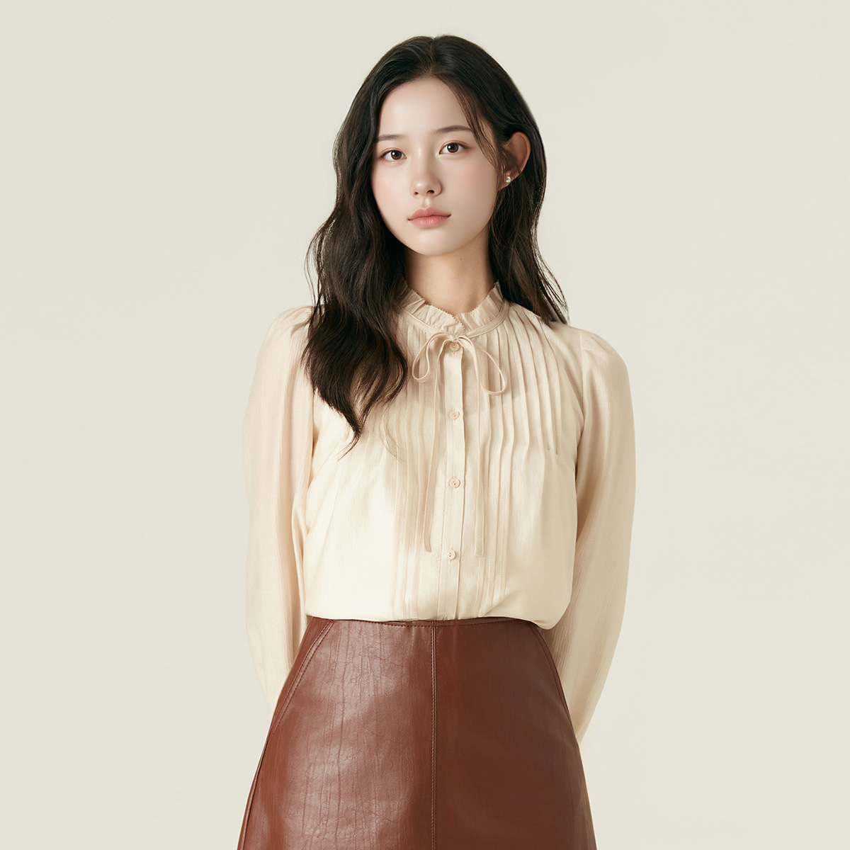로엠 하이넥 핀턱 블라우스 RMBLF4TR11 - 메인 이미지