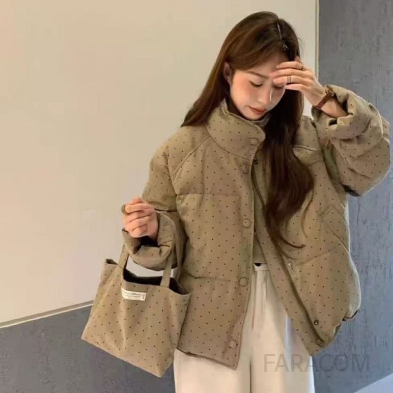 여성 겨울 숏패딩 물방울무늬 따뜻한 재킷 두꺼운 퍼퍼 스타일 캐주얼한 올매치 코튼 코트 느슨한 착용감 편안한 외출용 - 상세 이미지 3