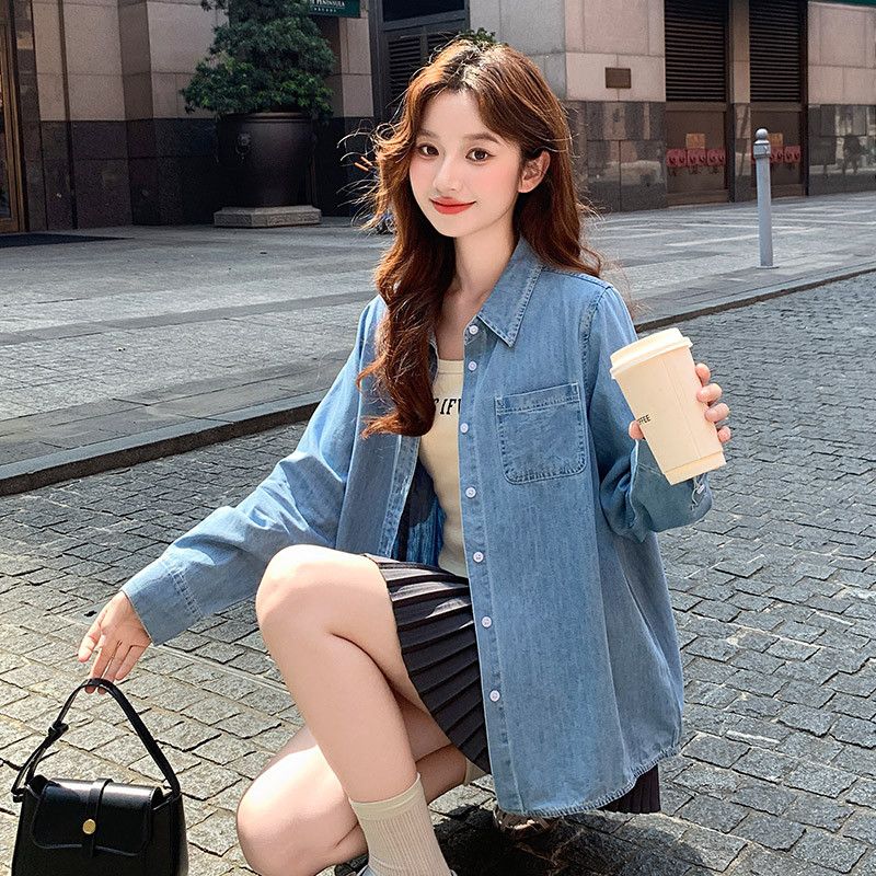 여성용 루즈핏 데님 셔츠 홍콩 스타일 봄 가을 레이어드용 캐주얼 긴팔 탑 스타일리시한 레트로 룩 연출 가능한 청남방 - 상세 이미지 4