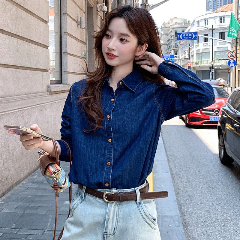 여성용 루즈핏 데님 셔츠 봄가을 캐주얼 스타일 레이어드 탑 레트로 홍콩 감성 긴팔 블라우스 청남방 - 상세 이미지 3