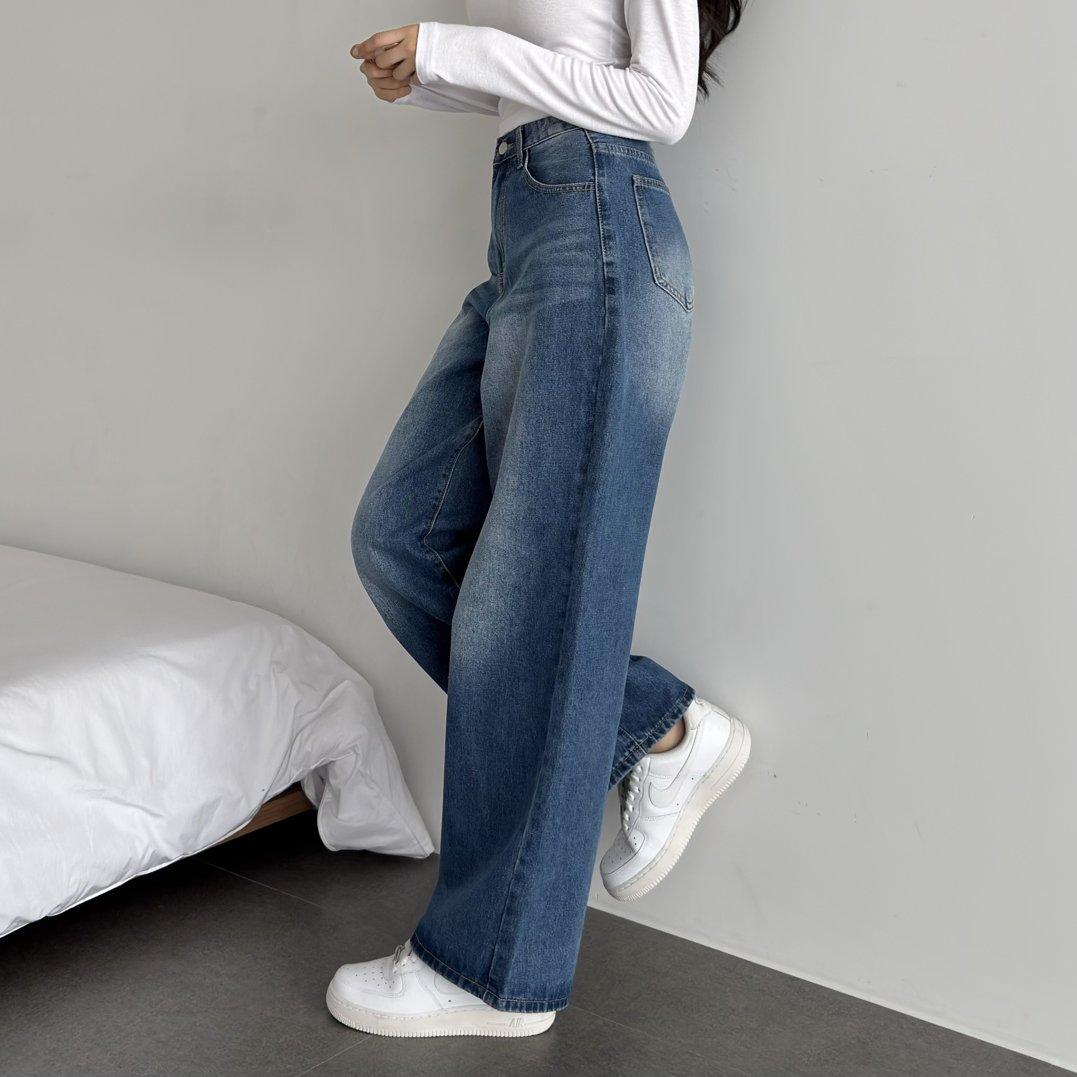 와이드 청바지 여성 가을 와이드데님 밴딩 흑청 진청데님 그레이 연청 이미지 6