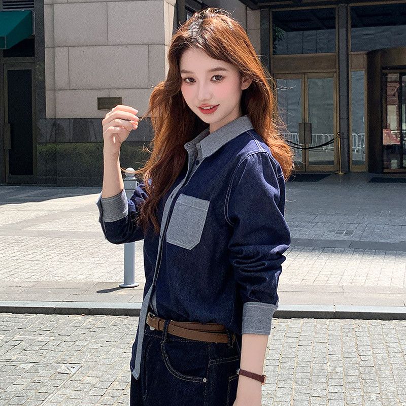여성용 루즈핏 데님 셔츠 홍콩 스타일 레트로 감성 긴팔 캐주얼 탑 봄 가을 레이어드에 딱 좋은 스타일리시한 청남방 - 상세 이미지 3