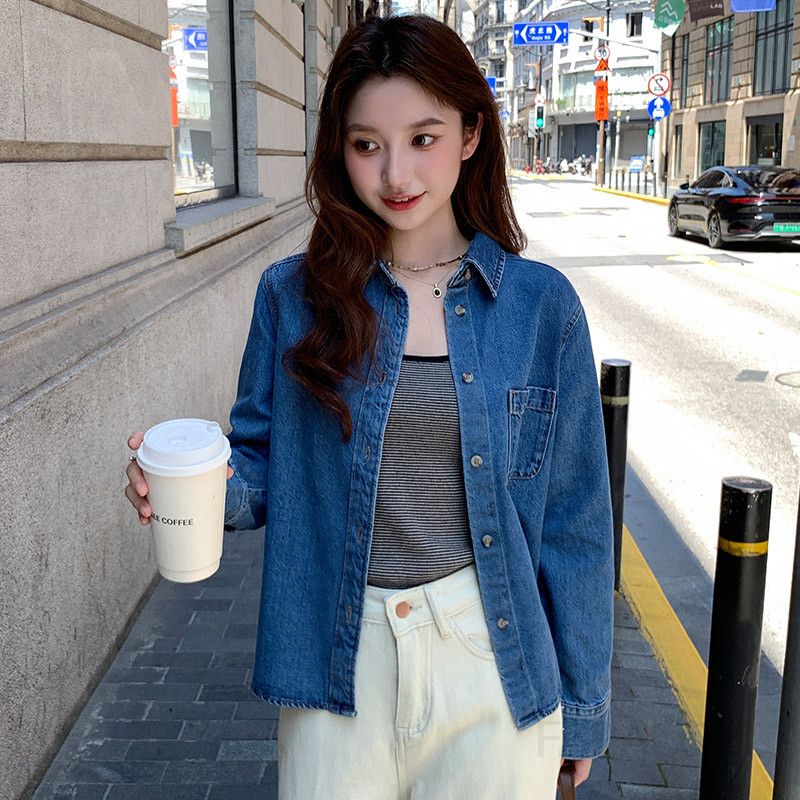 여성용 루즈핏 블루 데님 셔츠 봄 가을 레이어드 캐주얼 스타일 긴팔 청남방 홍콩 레트로 무드로 편안하게 입는 데일리 아이템 - 상세 이미지 5