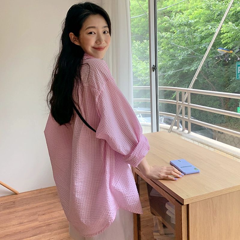 셔츠 빅사이즈 긴팔 여성 티셔츠 시원한 오버핏 여자남방 라이트핑크 프리사이즈 - 상세 이미지 5