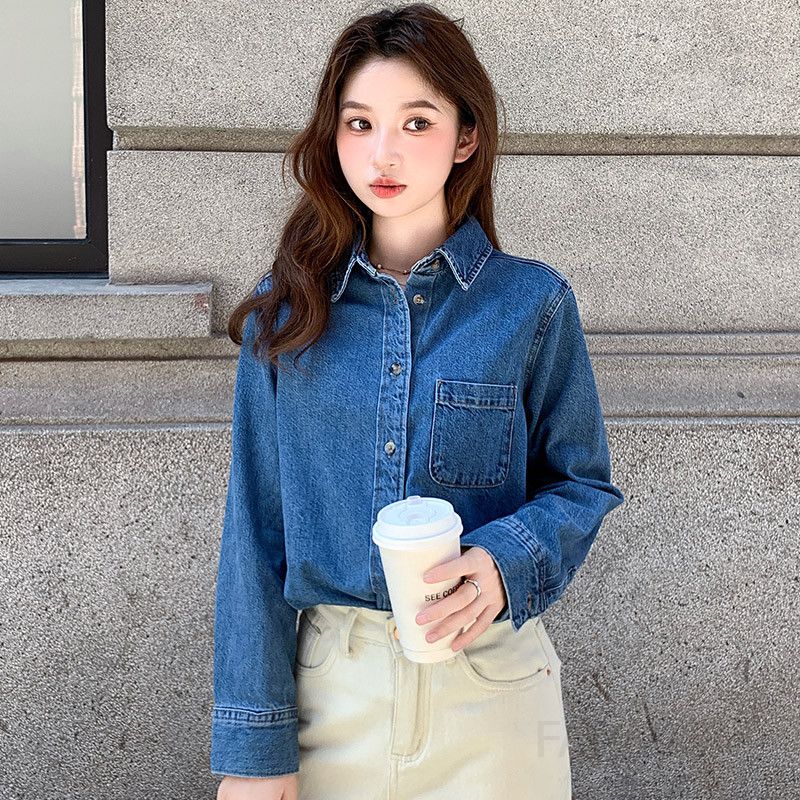 여성용 루즈핏 블루 데님 셔츠 봄 가을 레이어드 캐주얼 스타일 긴팔 청남방 홍콩 레트로 무드로 편안하게 입는 데일리 아이템 - 상세 이미지 2