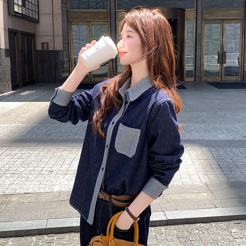 여성용 루즈핏 데님 셔츠 홍콩 스타일 레트로 감성 긴팔 캐주얼 탑 봄 가을 레이어드에 딱 좋은 스타일리시한 청남방 - 상세 이미지 2