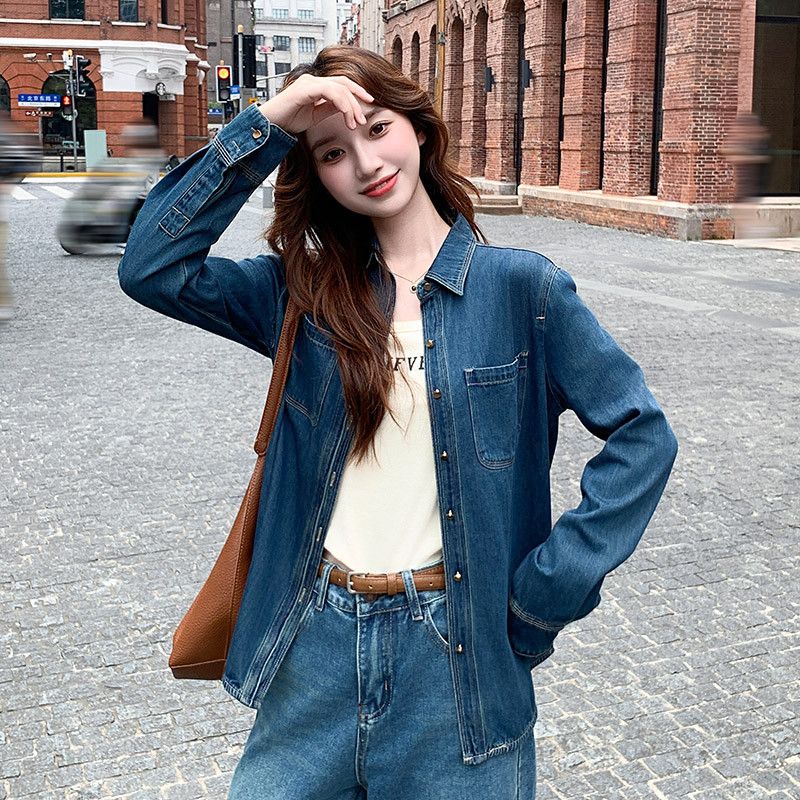 여성 루즈핏 데님셔츠 청남방 봄 가을 레이어드용 홍콩 스타일 레트로 긴팔 캐주얼 탑으로 멋스러운 데일리룩 연출 가능 - 상세 이미지 3