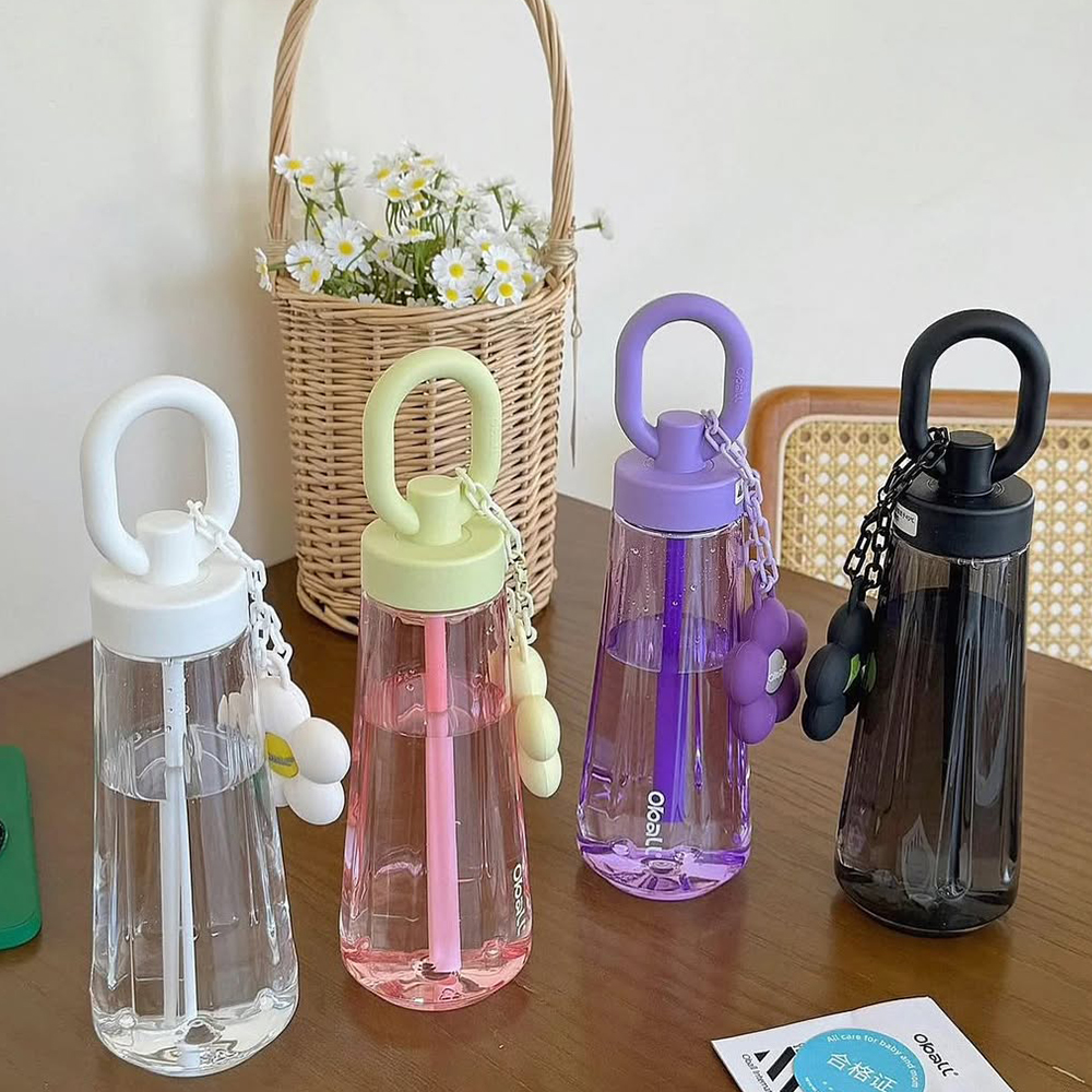 블러썸 트라이탄 오볼 빨대 워터 보틀 손잡이 투명 여름 텀블러 600ml - 상세 이미지 3