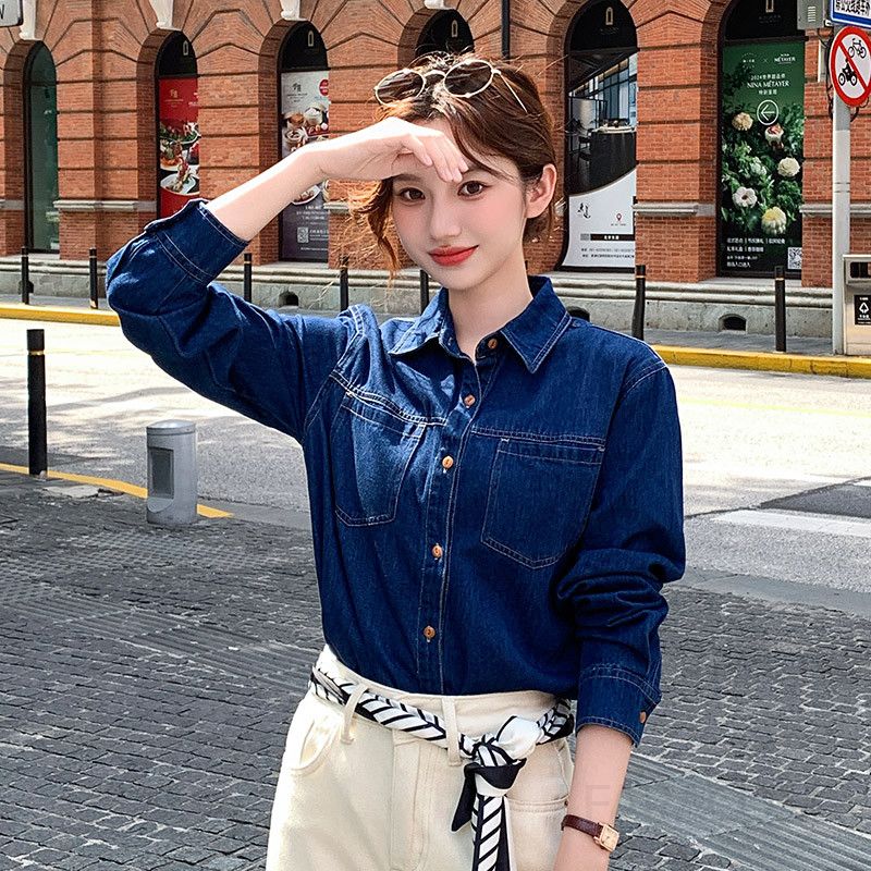여성용 루즈핏 데님 셔츠 봄 가을 레이어드 스타일 긴팔 캐주얼 탑 홍콩 레트로 감성 시크한 외출용 포켓 디테일 매력적인 스타일링 청남방 - 상품 이미지