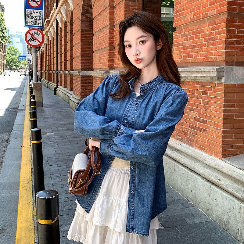 가을 여성 루즈핏 캐주얼 청남방 프랑스 복고풍 블루 데님셔츠 레이스 칼라 스타일 코튼 소재 다용도 탑 - 상세 이미지 4