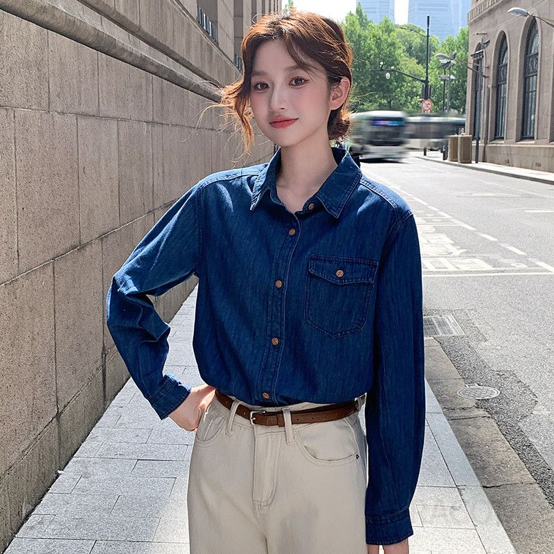 여성용 루즈핏 데님 긴팔셔츠 캐주얼 가을 스타일 레이어드 코튼 청남방 편안한 착용감 데일리로 좋은 유니크한 디자인 - 상세 이미지 2