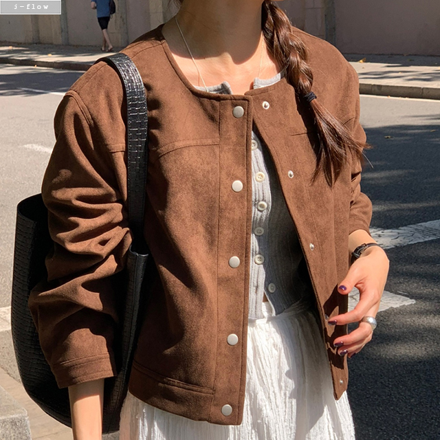 웨리 라운드 세미크롭 스웨이드 자켓 2col 가을 봄 노카라 오버핏 블루종 제이플로우 - 상품 이미지
