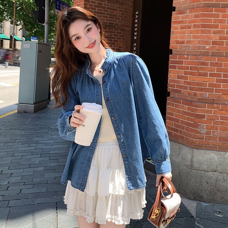가을 여성 루즈핏 캐주얼 청남방 프랑스 복고풍 블루 데님셔츠 레이스 칼라 스타일 코튼 소재 다용도 탑 - 상세 이미지 3