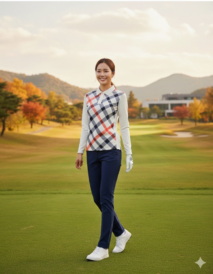 닥스 골프웨어 여성 가을 체크패턴 클래식한 필드룩 골프 카라 티셔츠 - 상세 이미지 2