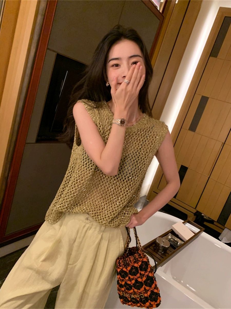 라운드넥 반짝이 그물조끼 루즈핏 여름 그물나시 커버업 여성 상의 민소매 티셔츠 플라워 그레이 조끼 끈 포함 S - 상세 이미지 2