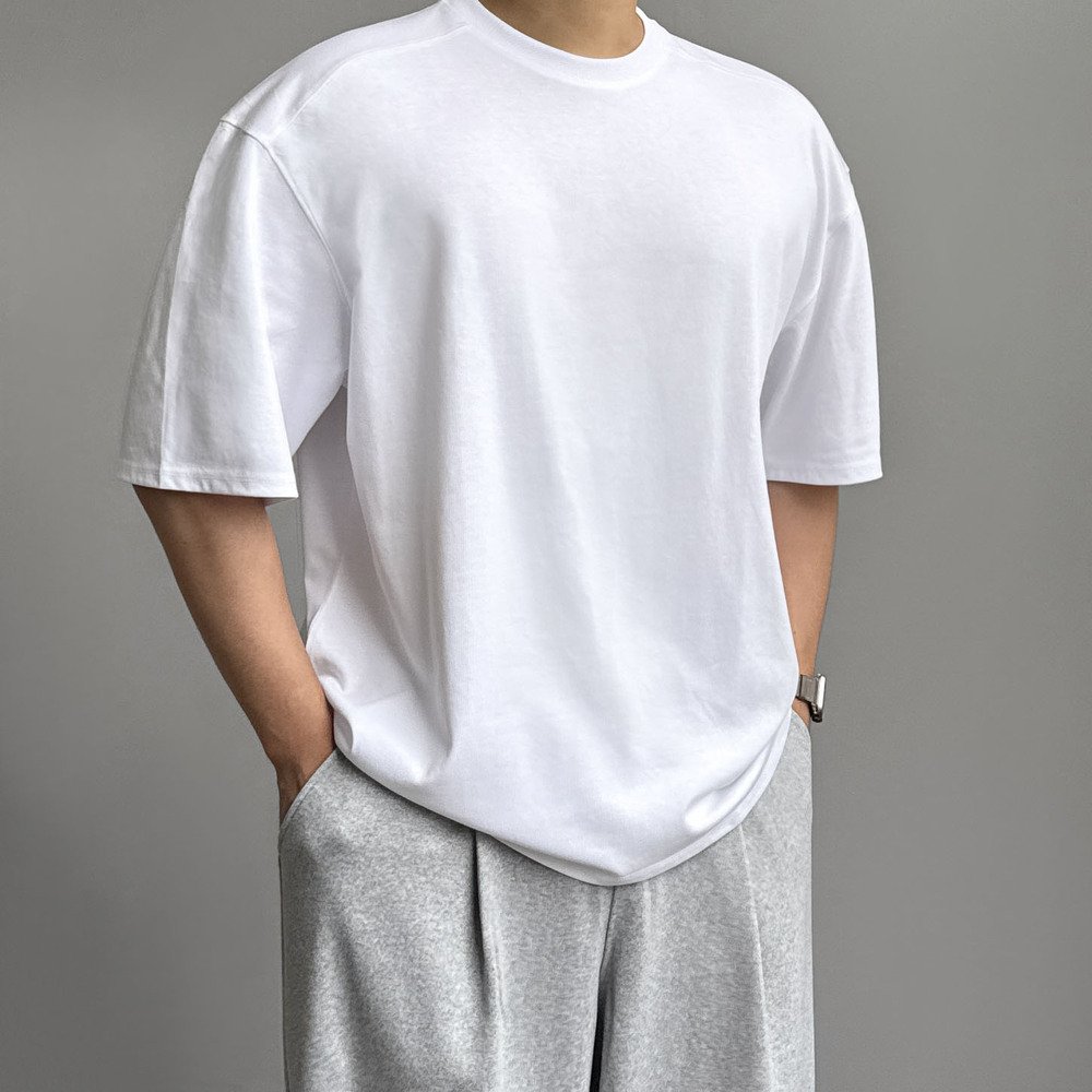 오버핏두꺼운반팔 무지티 어깨넓어보이는반팔 남자흰티 - 상품 이미지