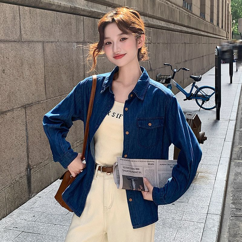 여성용 루즈핏 데님 긴팔셔츠 캐주얼 가을 스타일 레이어드 코튼 청남방 편안한 착용감 데일리로 좋은 유니크한 디자인 - 상세 이미지 4